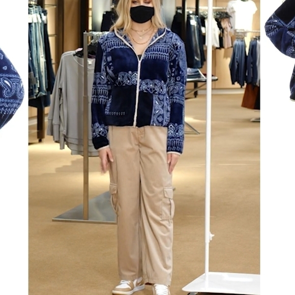 Nordstrom BP Faux Shearling Plush Fleece Blue Bandana Paisley Print Jacket Med - Picture 6 of 15